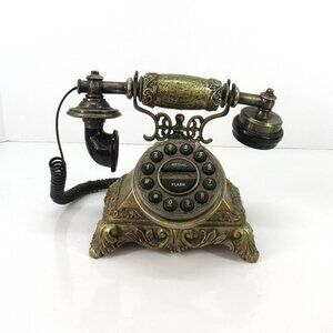 Vintage Decorative Reproduction Push Button Bronze Color Corded Telephone Works